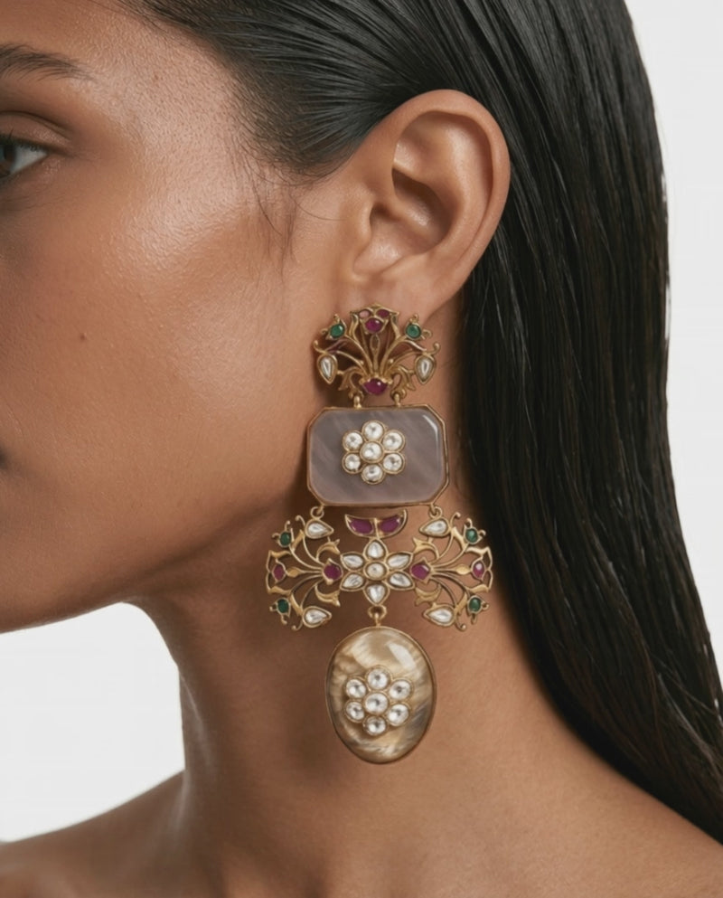 Madiha Pink, Peach & Moissanite Polki Kundan Earrings