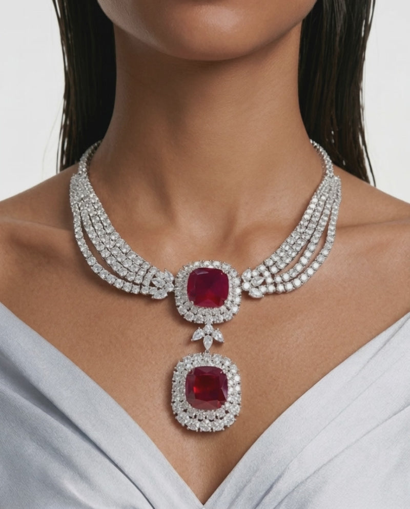 Valessa Diamond-Like Zircon Ruby Statement Necklace Set – Necklace & Earrings