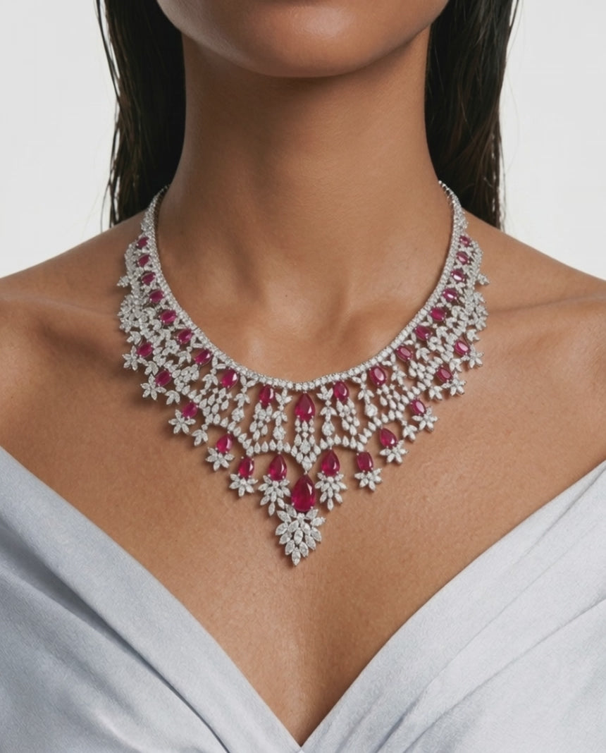 Jahnavi Ruby and Diamond-Like Zircon Compressed Setting Statement Necklace Set (Necklace & Earrings)
