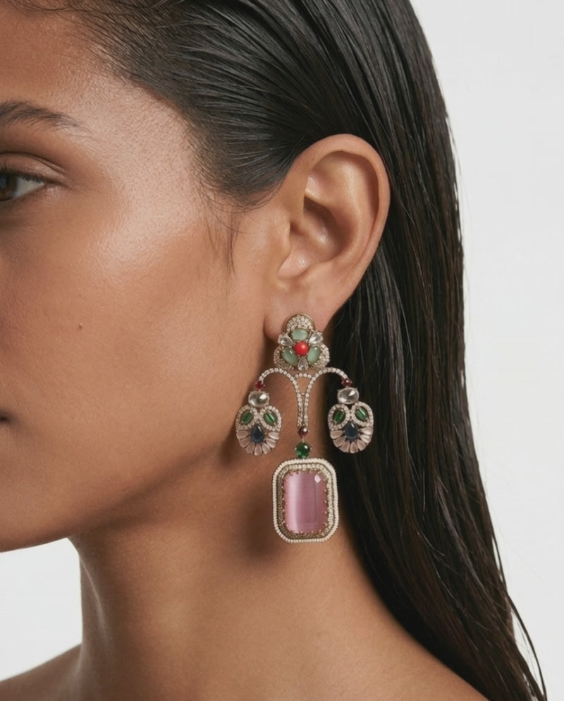 Khaira Multi-Colour, Pink & Moissanite Polki Kundan Earrings