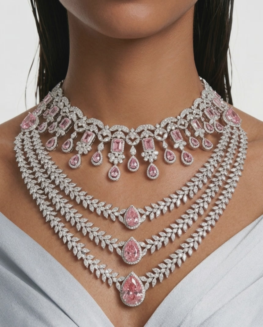 Maharani Noéline & Aarvi Pink Diamond-Like Zircon Statement Necklace Set – 2 Necklaces & Earrings