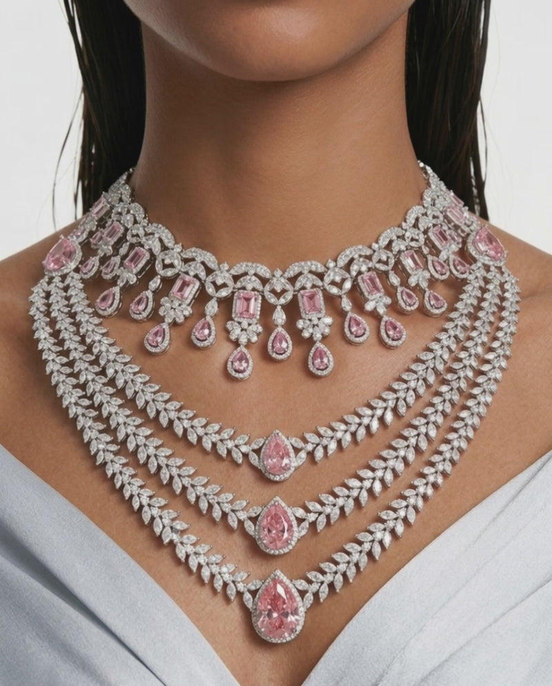 Maharani Noéline & Aarvi Pink Diamond-Like Zircon Statement Necklace Set – 2 Necklaces & Earrings