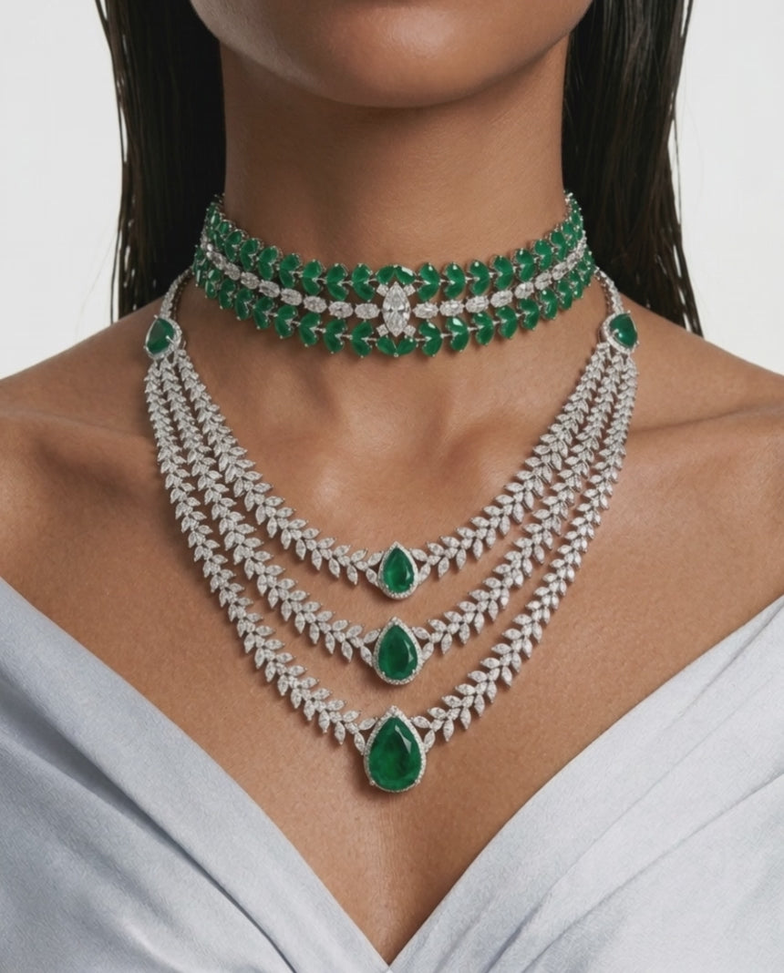 Maharani Noéline & Nayara Emerald Diamond-Like Zircon Statement Necklace Set – 2 Necklaces & Earrings
