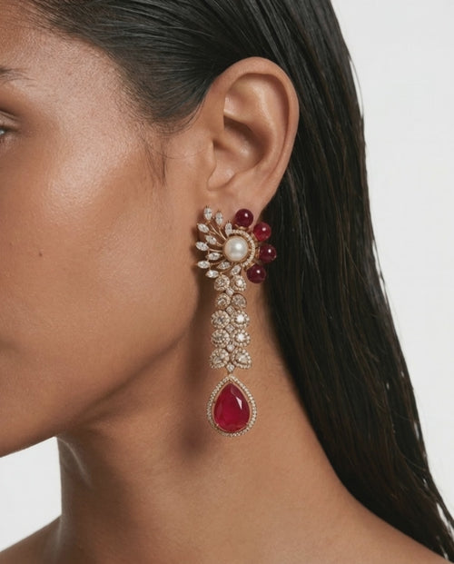 Yelina Polki Kundan Ruby & Pearl Drop Earrings