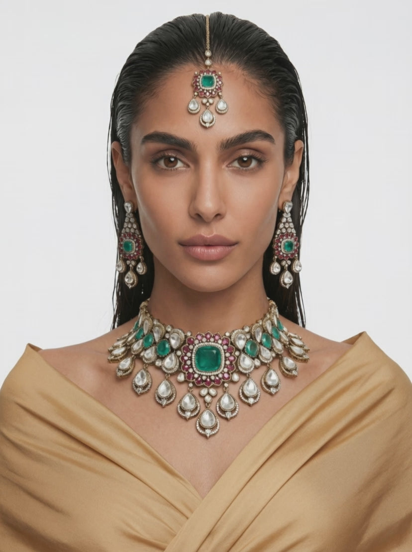 Qamar Emerald, Ruby & Moissanite Polki Kundan Diamond Detailing Necklace Luxe Set (Necklace, Earrings & Maang Tikka)