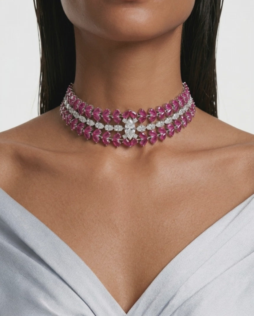Nayara Ruby Diamond-Like Zircon Leaf Petal Choker Necklace Set – Necklace & Earrings