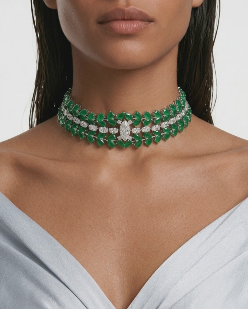 Nayara Emerald Diamond-Like Zircon Leaf Petal Choker Necklace Set – Necklace & Earrings