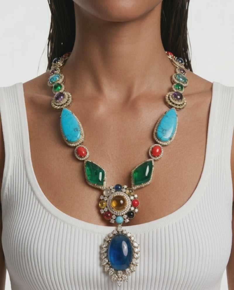 Mahzara Multicolor Zircon Statement Necklace Set – Necklace & Earrings