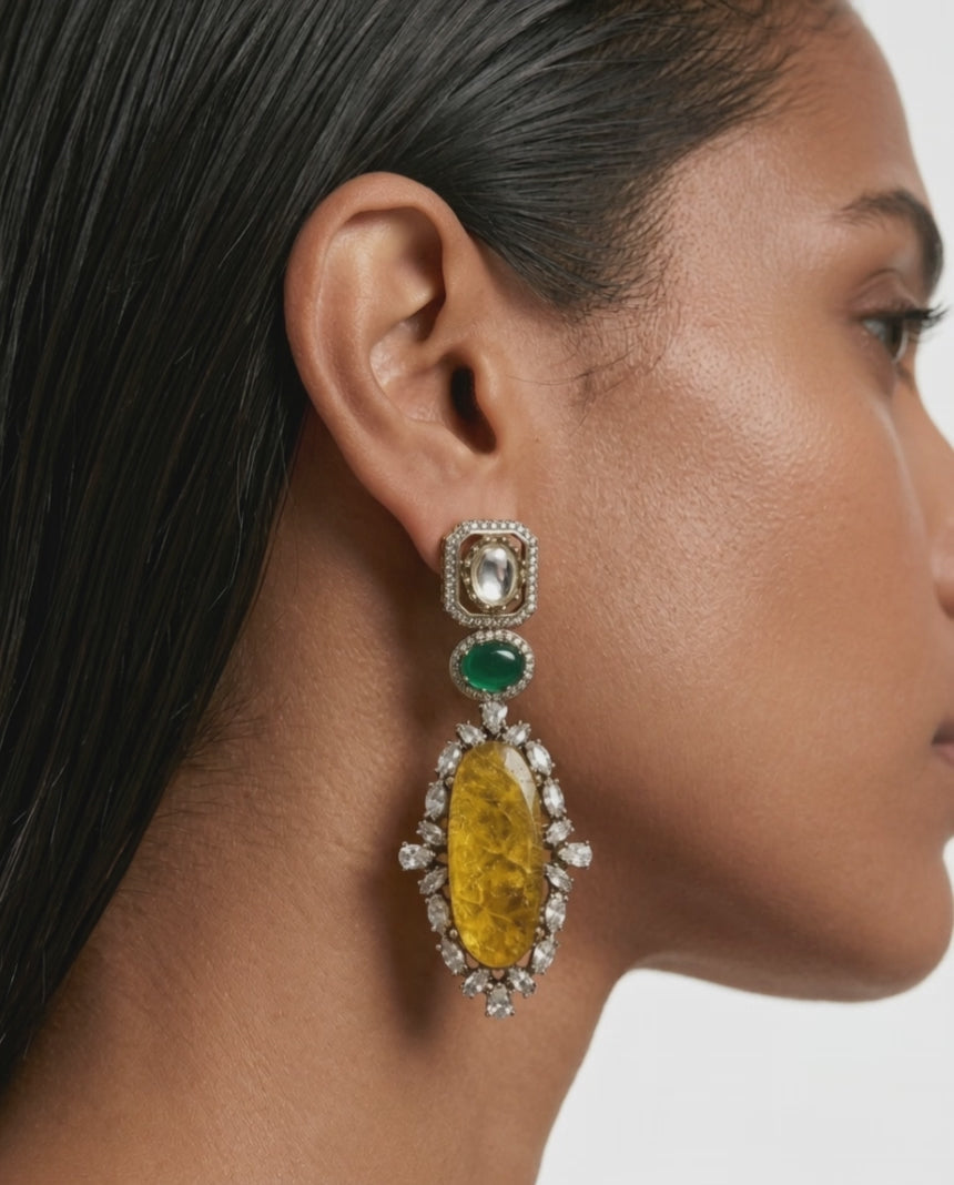 Wajiha Emeralds, Citrine & Moissanite Polki Kundan Earrings
