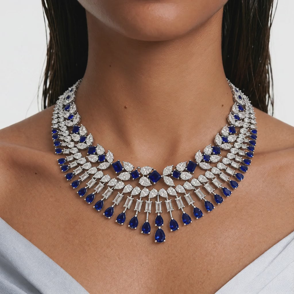 Maharani Sabelle Sapphire Baguette & Teardrop Diamond-Like Zircon & Areziya Sapphire Leaf Diamond-Like Zircon Necklace Set (2 Necklaces & 2 Earrings)