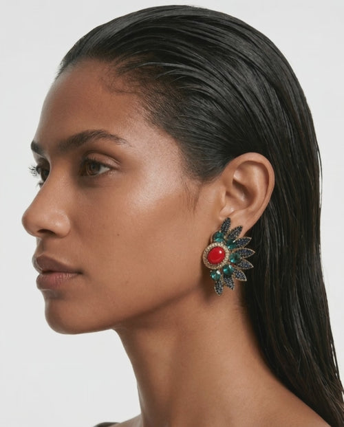 Zafira Mini Ruby & Sapphire Floral Statement Stud Earrings