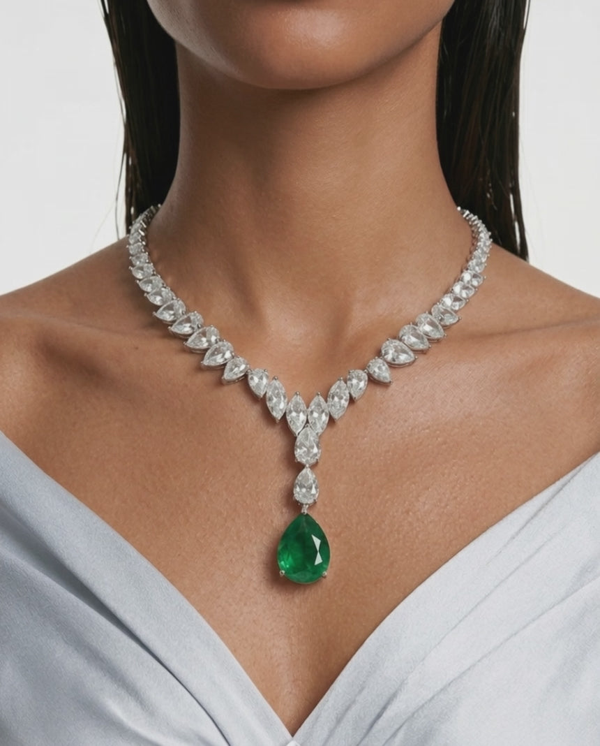 Khadija Emerald and Diamond-Like Zircon Statement Necklace Set (Necklace & Earrings)