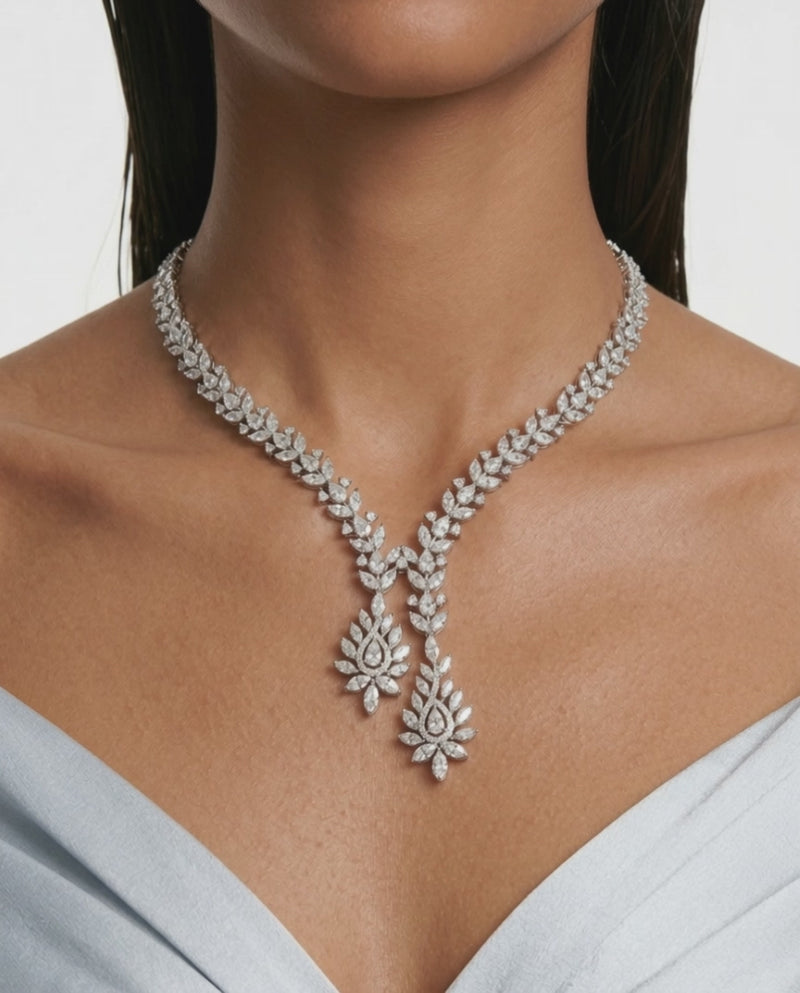 Hiba diamantachtige zirkoon gecomprimeerde zetting verklaring kettingset (ketting en oorbellen)