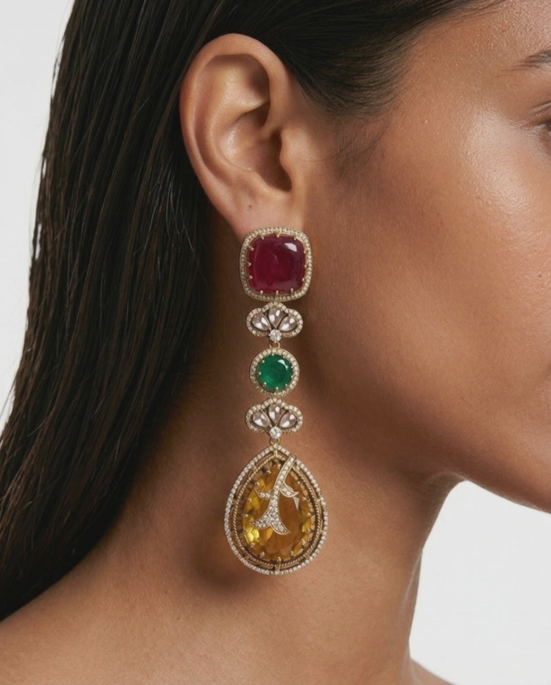 Plaira Ruby, Citrine, Emerald & Multi-Colour Moissanite Polki Kundan Earrings