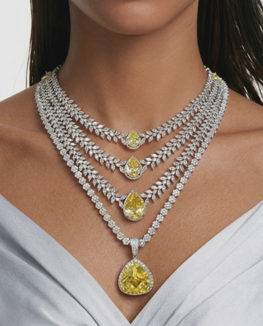 Maharani Élodie & Noéline Citrine Diamond-Like Zircon Statement Necklace Set – 2 Necklaces & Earrings