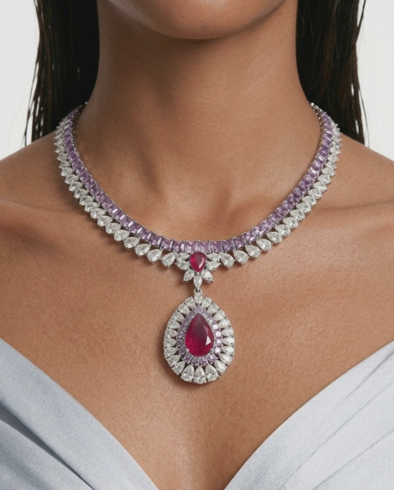 Ishani Purple Diamond, Ruby & Zircon Diamond Pendant Necklace Set (Necklace & Earrings)