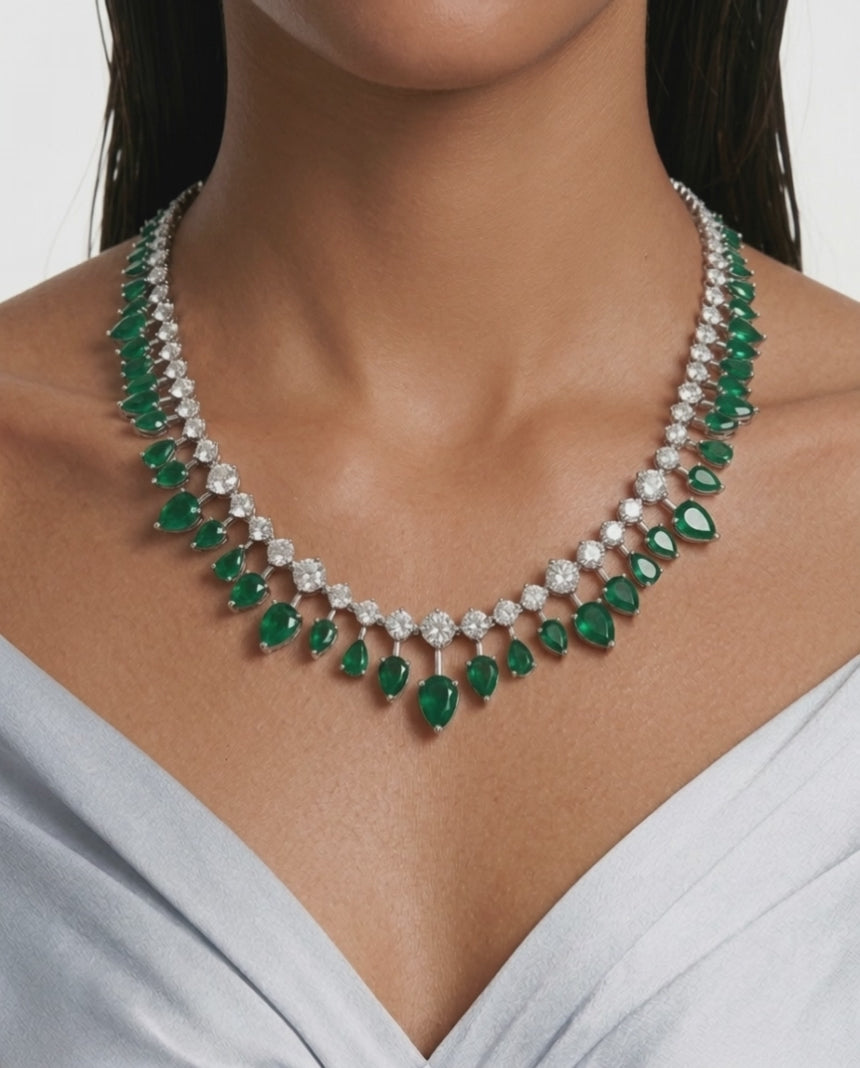 Medha Diamond-Like Zircon with Emerald Drops Single Line Statement Necklace Set (Necklace & Earrings)