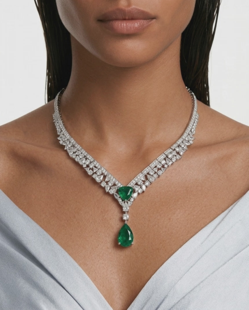 Bahiyya Emerald Drops & Diamond-Like Zircon Statement Pendant Necklace Set (Necklace & Earrings)