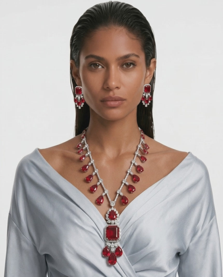 Adoor Ruby Meena Dimonte Pearl Drop Hasdi ketting set (ketting en oorbellen)