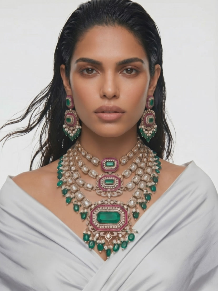 Partika Hexagon Grand Statement Ruby & Emerald Polki Necklace Set (Necklace & Earrings)