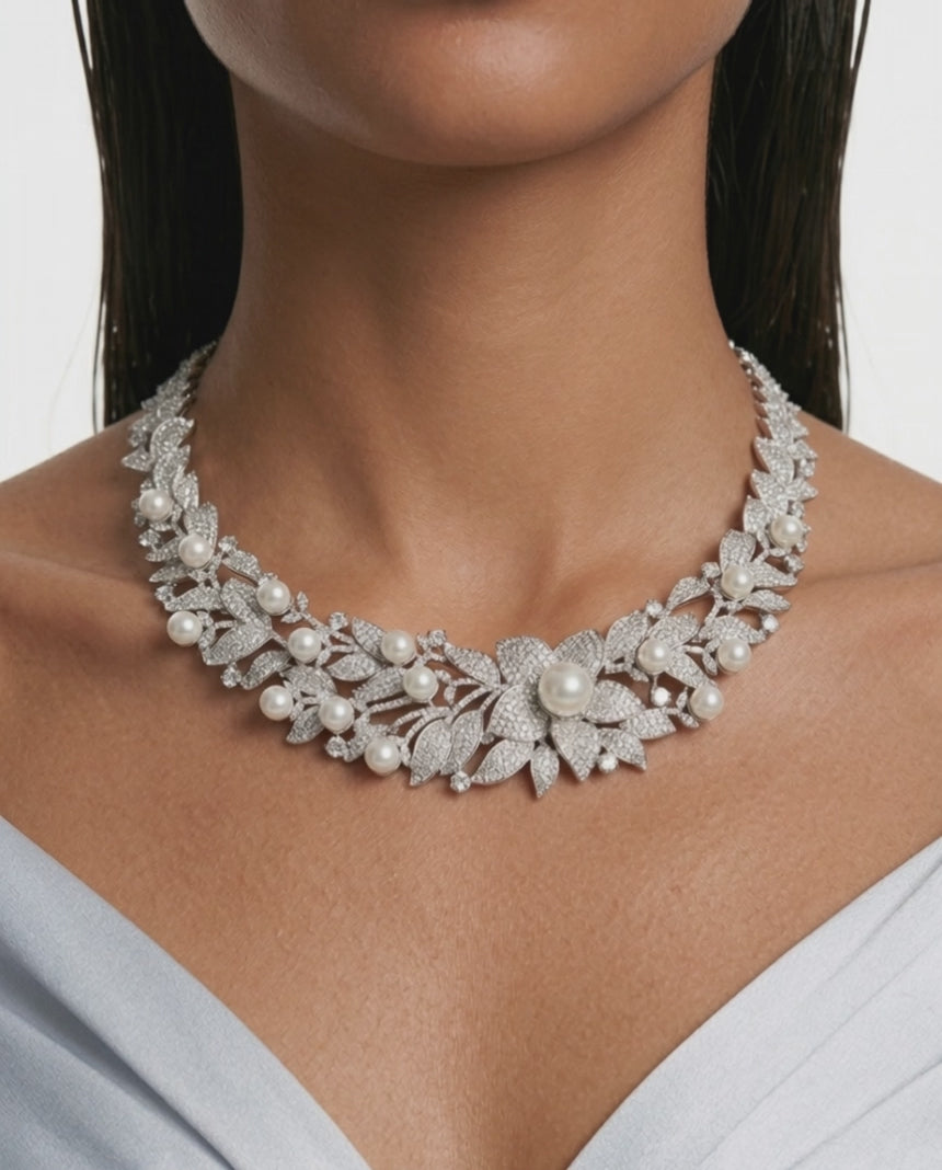 Aurelia Pearl Diamond & Floral Necklace Set (Necklace & Earrings)