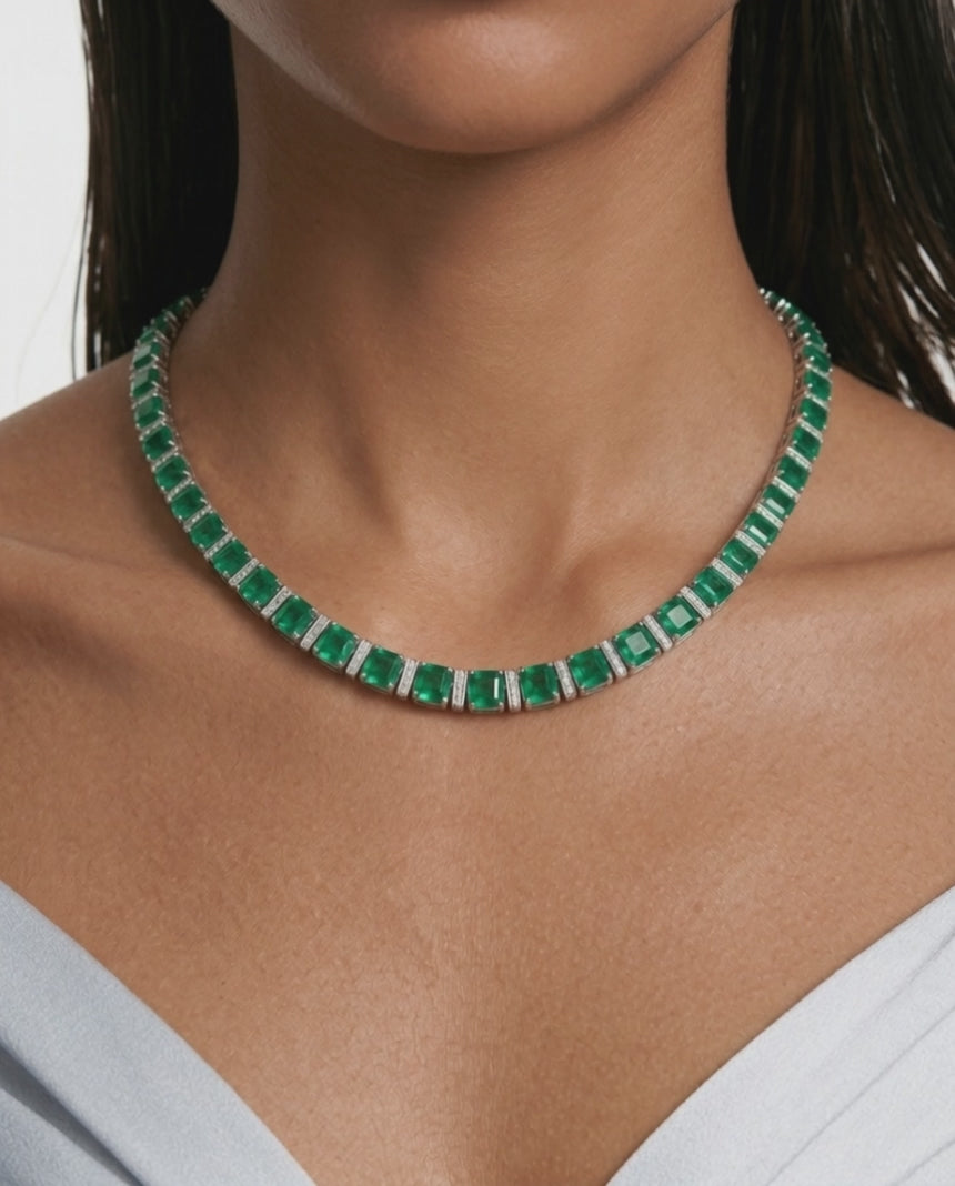 Bhavani Emerald & Zircon Diamond Single Line Tennis Necklace Set (Necklace & Earrings)