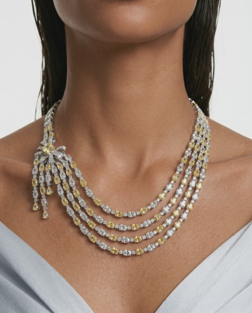 Prisha Citrine & Diamond-Like Zircon Bow Detailing Multi Layered Necklace Set (Necklace & Earrings)