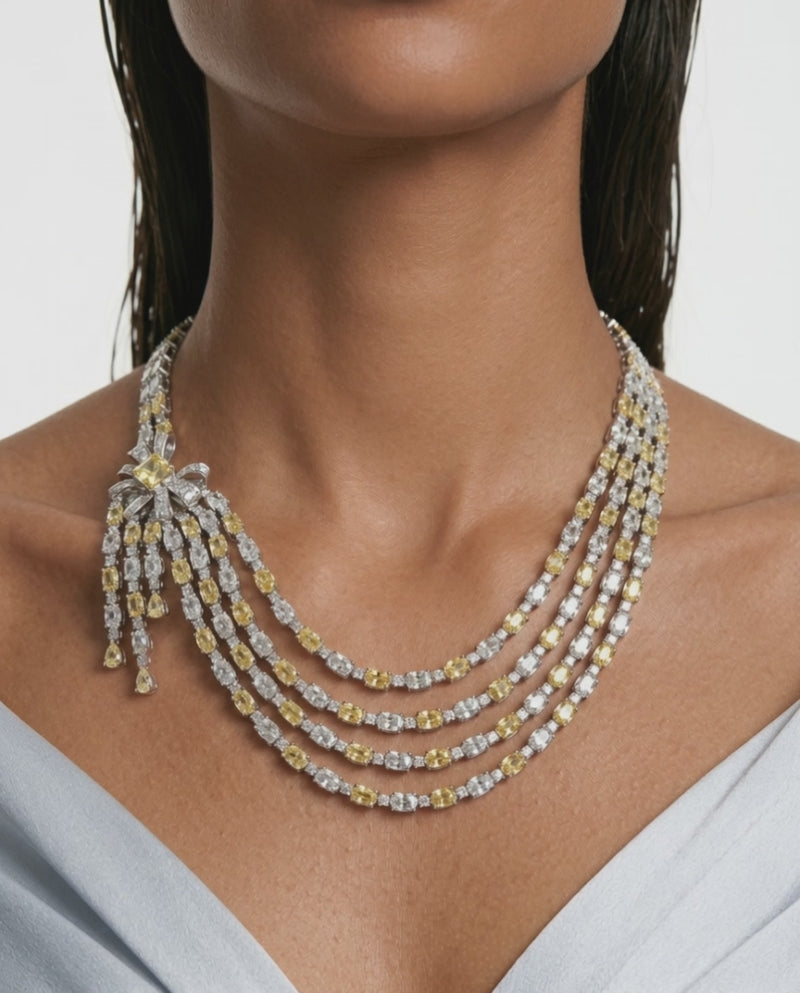 Prisha Citrine & Diamond-Like Zircon Bow Detailing Multi Layered Necklace Set (Necklace & Earrings)