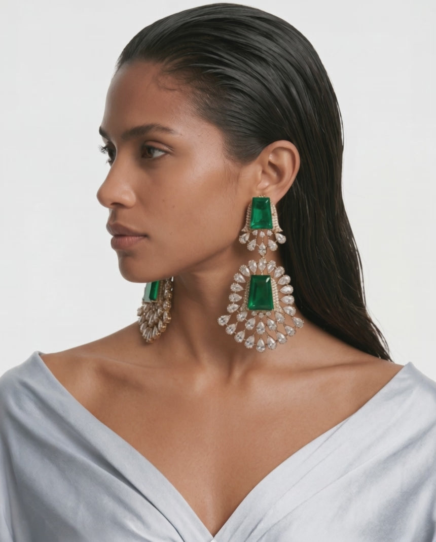 Evelyn Gold Plated Semi Emerald & Zircon Statement Earrings