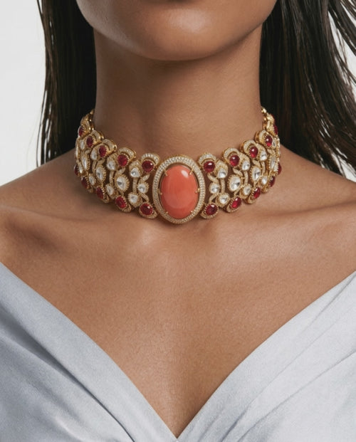 Aashi Ruby & Peach Kundan Statement Necklace Set – Necklace & Earrings