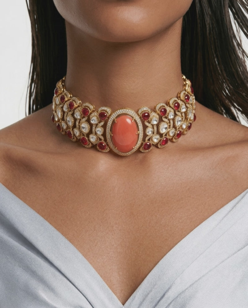 Aashi Ruby & Peach Kundan Statement Necklace Set – Necklace & Earrings