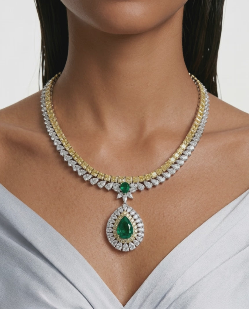 Ishani Citrine, Emerald & Zircon Diamond Pendant Necklace Set (Necklace & Earrings)