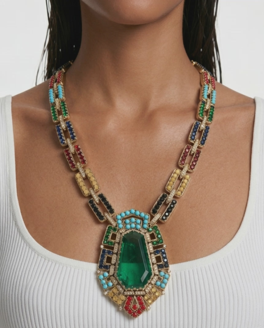 Mahzaria Multicolor Zircon Statement Necklace Set – Necklace & Earrings