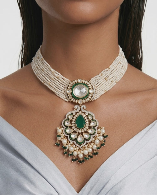 Abeer Emerald & Pearl Kundan Beaded Necklace Set – Necklace & Earrings