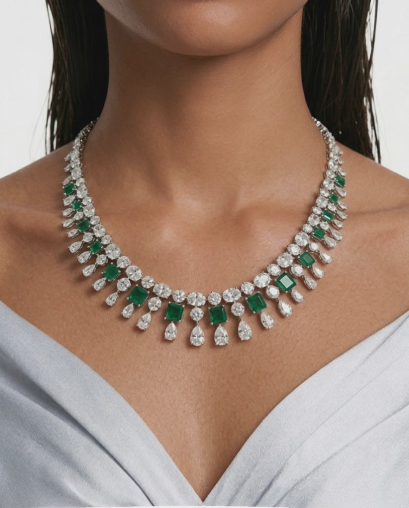 Niharika Diamond-Like Zircon Ovals with Emerald Square & Diamonds Statement Necklace Set (Necklace & Earrings)