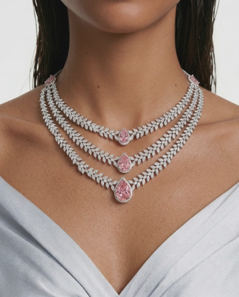 Noéline Pink Diamond-Like Zircon Three Layer Statement Necklace Set – Necklace & Earrings