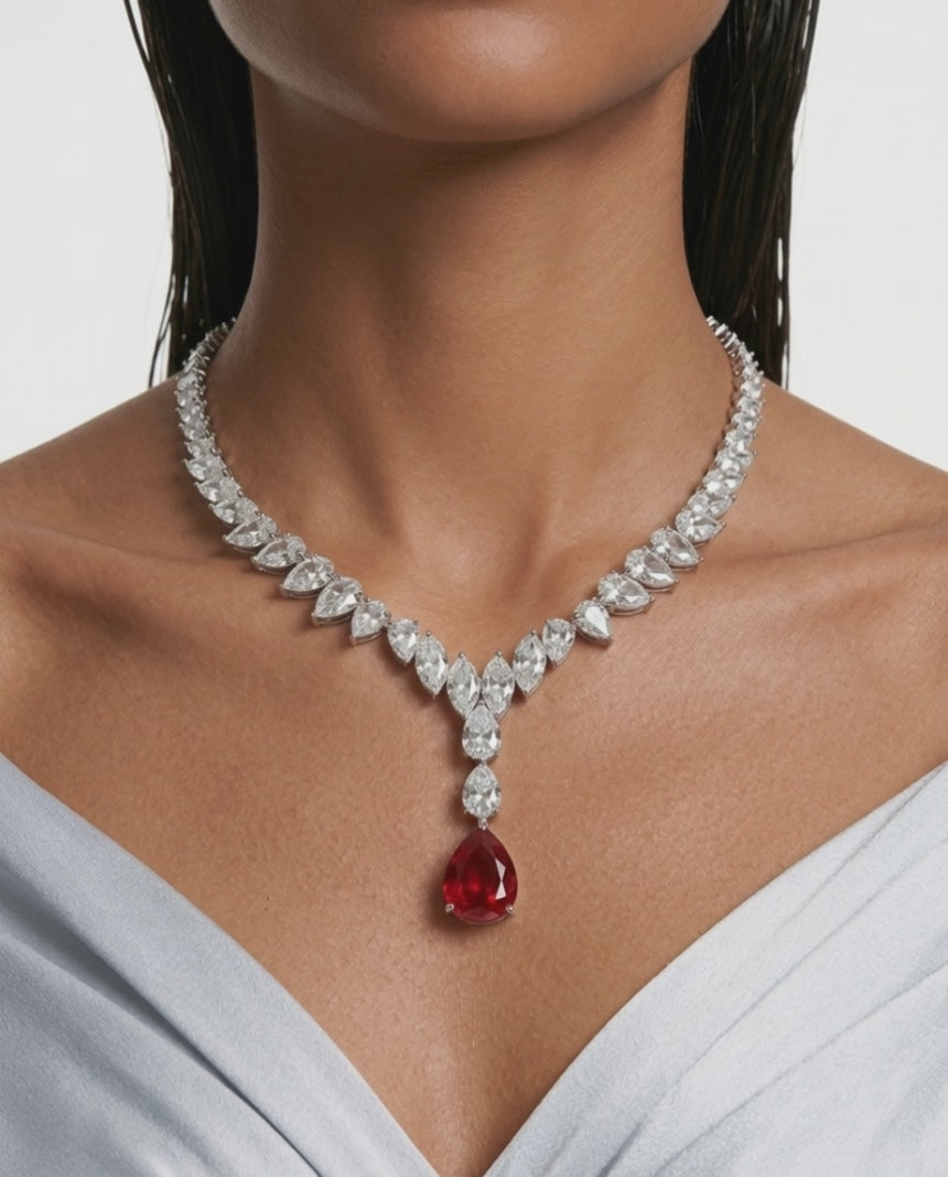 Khadija Ruby and Diamond-Like Zircon Statement Necklace Set (Necklace & Earrings)