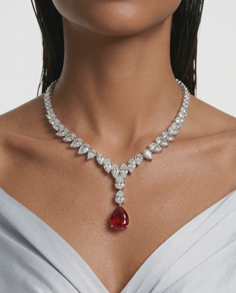 Khadija Ruby and Diamond-Like Zircon Statement Necklace Set (Necklace & Earrings)