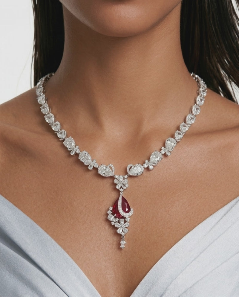 Layali Ruby Drop Diamond-Like Zircon Statement Necklace Set (Necklace & Earrings)