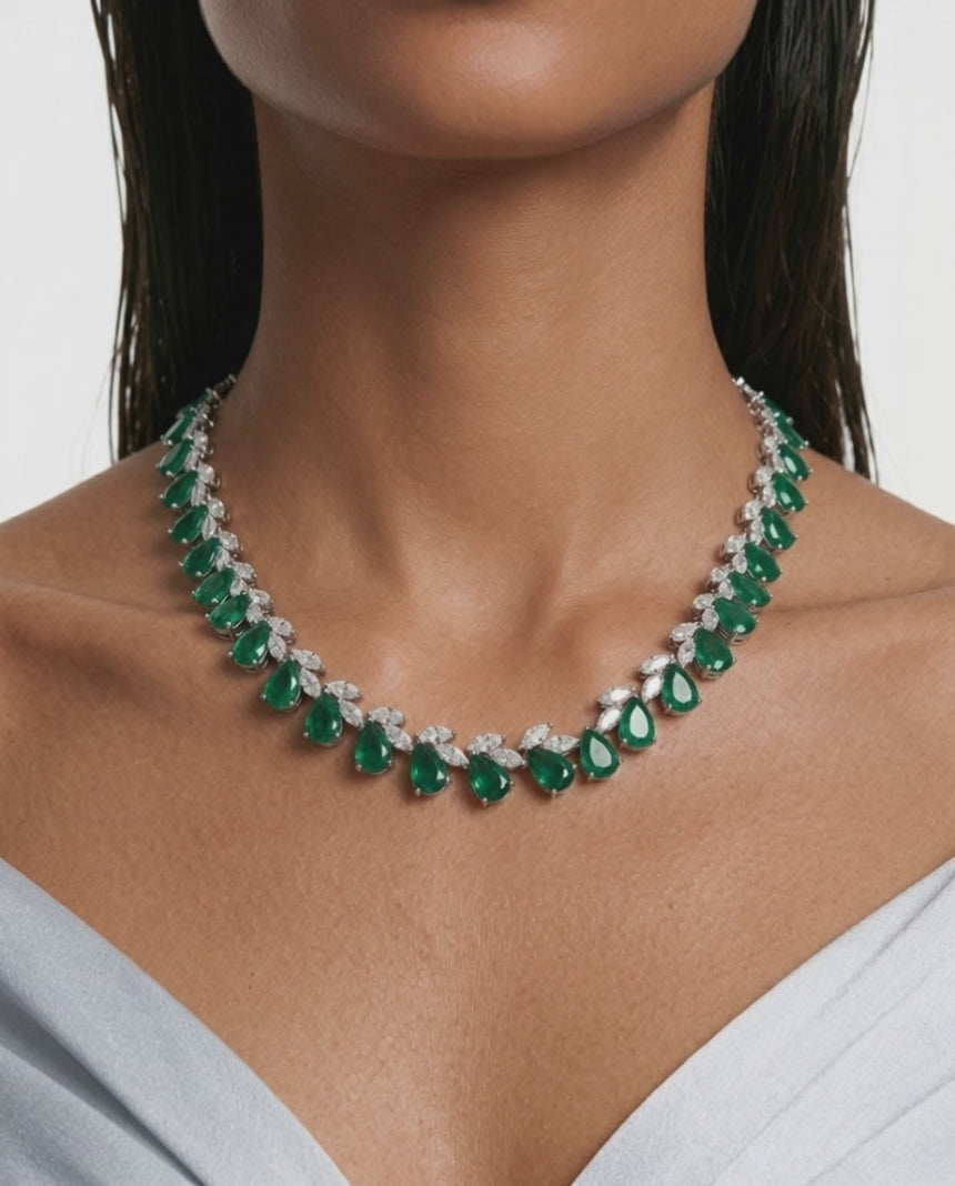 Vaanya Emerald Drops & Diamond-Like Zircon Single Line Statement Necklace Set (Necklace & Earrings)