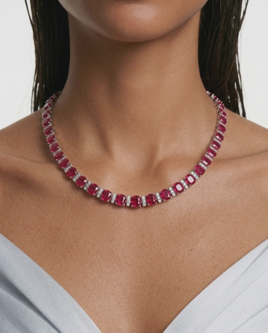 Bhavani Ruby & Zircon Diamond Single Line Tennis Necklace Set (Necklace & Earrings)