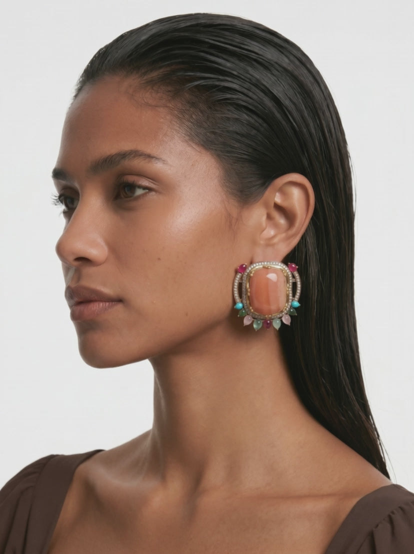 Naomi Multi Colour Semi Precious Stones & Peach Statement Stud Earrings