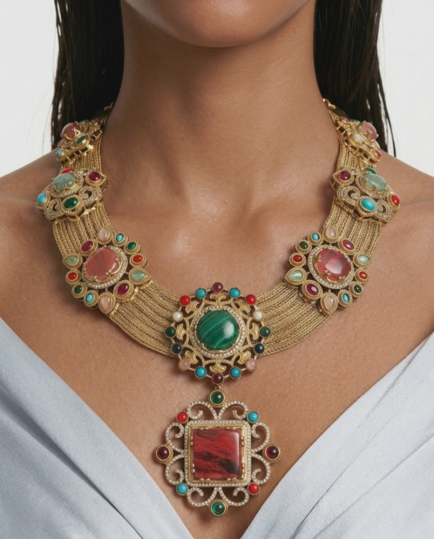 Aadhya Conjunto de collar con colgante de lujo, moissanita multicolor, Polki Kundan con detalles de diamantes de circón y detalle de cadena (collar y aretes)