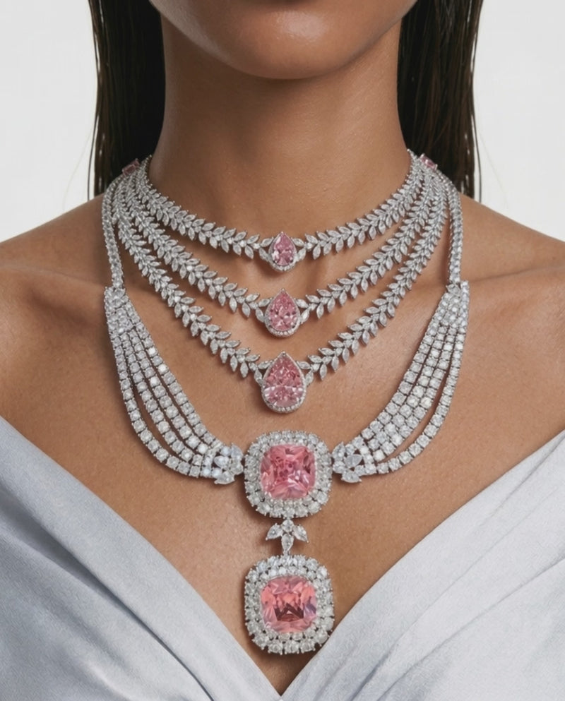 Maharani Valessa & Noéline Pink Diamond-Like Zircon Statement Necklace Set – 2 Necklaces & Earrings