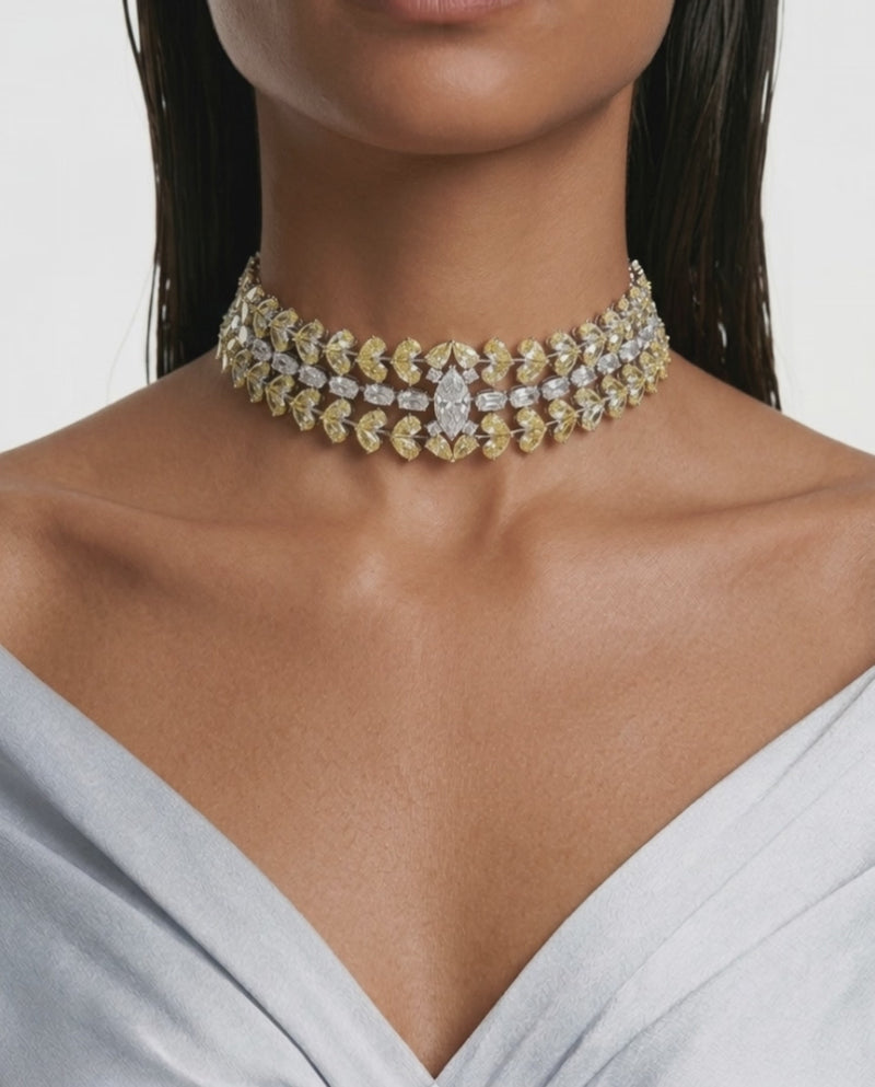Nayara Citrine Diamond-Like Zircon Leaf Petal Choker Necklace Set – Necklace & Earrings