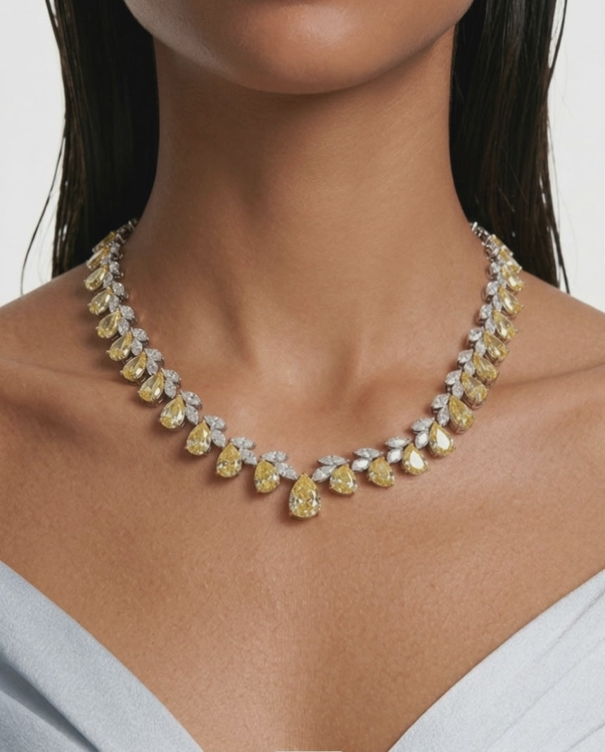 Vaanya Citrine Drops & Diamond-Like Zircon Single Line Statement Necklace Set (Necklace & Earrings)