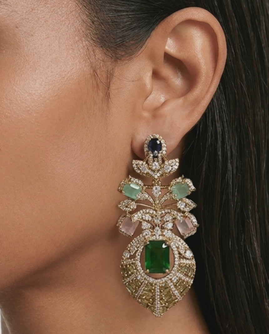 Naira Emerald Multicolor Diamond-Like Zircon Statement Earrings