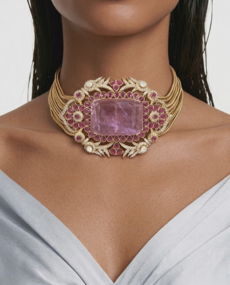 Rukhsaar Purple with Ruby Moissanite Polki Kundan Choker Necklace Set – Necklace & Earrings