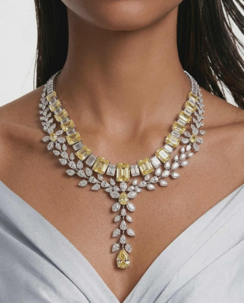 Maharani Dania Citrine and Diamond-Like Zircon Compressed Setting Statement Necklace Set & Dima Citrine and Diamond-Like Zircon Statement Necklace Set (2 Necklace & 2 Earrings)