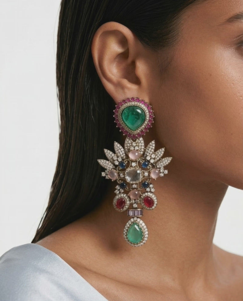 Taira Teal & Multi-Colour Moissanite Polki Kundan Earrings